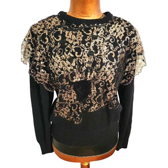 Vintage I.B. Diffusion Black Pullover Silk Blend Knit Sweater Gold Lace Beads L - Picture 5 of 8